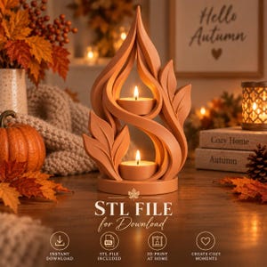 May include: A terracotta-colored candle holder with a flame-like, swirling design featuring integrated leaf motifs and two circular platforms for tea light candles. The text "STL FILE for Download" is printed below the candle holder.