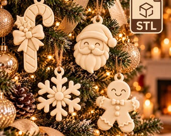 May include: Four cream-colored Christmas ornaments hanging on a tree, including a candy cane with a bow, a Santa Claus face, a snowflake, and a gingerbread person. A square icon in the top right corner displays the text STL with a cube graphic.