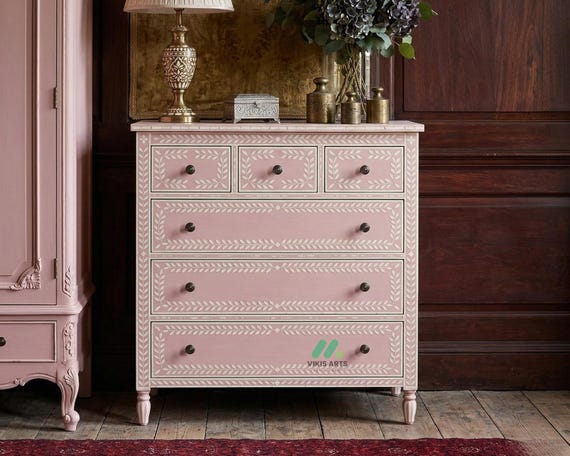 pink bone inlay dresser Handmade Pink Bone Inlay Chest of Drawers: Bohemian Floral Cabinet