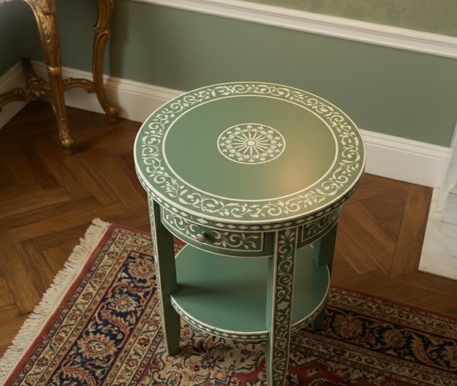 Bedside Table Patterned Bone Inlay Green Handmade Round Bedside Table | Floral Design ...
