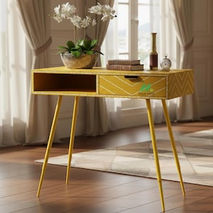 Handmade Bone Inlay Yellow Desk, Wooden Study Table Workstation