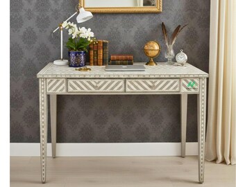 Escritorio con incrustaciones de hueso, mesa de estudio gris hecha a mano para interiores elegantes