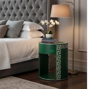 Mesita de noche redonda con incrustaciones de hueso verde: mesita de noche hecha a mano con cajón