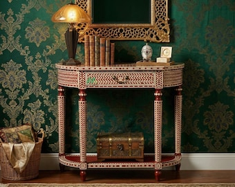 Handgemaakte rode consoletafel met beeninleg - modern boho-gangmeubilair