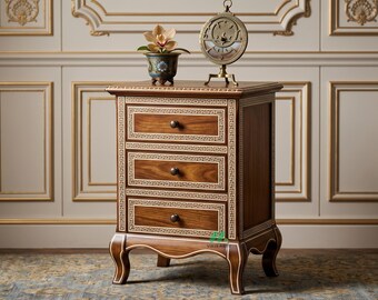 Wooden Bone Inlay Bedside Table Nightstand Solid Wood End Table Side Table with Storage Bedroom Furniture