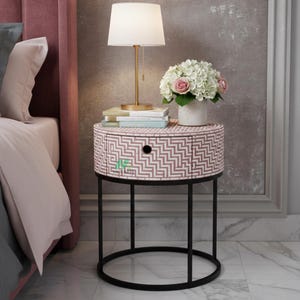 Mesita de noche redonda con incrustaciones de hueso: mesita de noche india hecha a mano con cajón