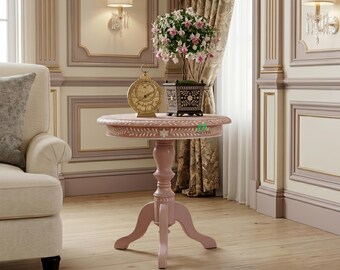Bone Inlay Pink Round Nightstand, Sofa Side Table, Handmade Floral Bedside Table, Modern Home Decor