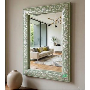 Handcrafted Mother of Pearl Mirror Frame, Light Green Live Edge Decorative Mirror