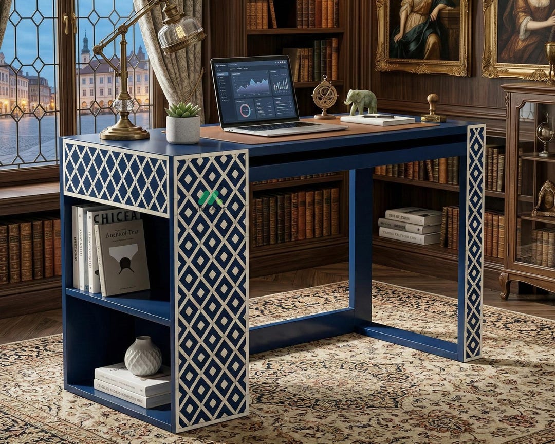 Handcrafted Bone Inlay Navy Blue Desk With Floral Pattern Writing Table ...