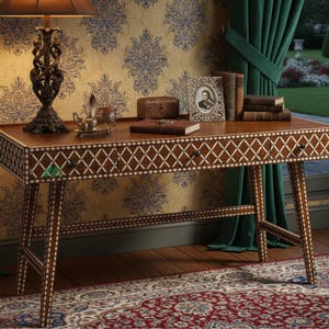 Handcrafted Bone Inlay Wooden Desk: Diamond Lattice Pattern Writing Table