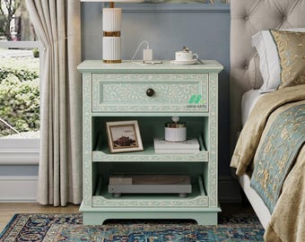 Handmade Bone Inlay Nightstand: Luxury Green Side Table for Bedroom