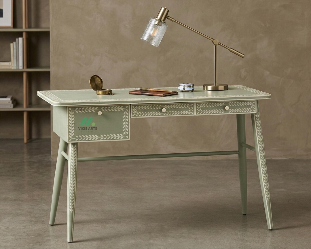 Handmade Bone Inlay Desk – Bohemian Green Office Table With Intricate ...