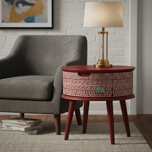 Mesita de noche redonda con incrustaciones de hueso rojo, hecha a mano