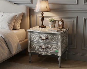 Modern Bedside Table Grey Nightstand Handmade End Table Side Table with Storage Minimalist Bedroom Furniture
