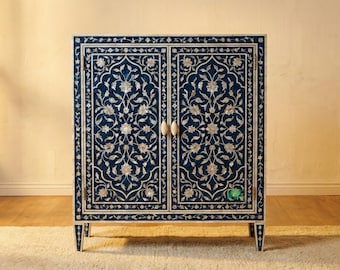 Handgemaakte kast met parelmoer ingelegd, marineblauwe luxe meubelaccentopslag