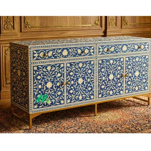 Gabinete con incrustaciones de hueso azul, mueble de almacenamiento hecho a mano, gabinete decorativo con acento