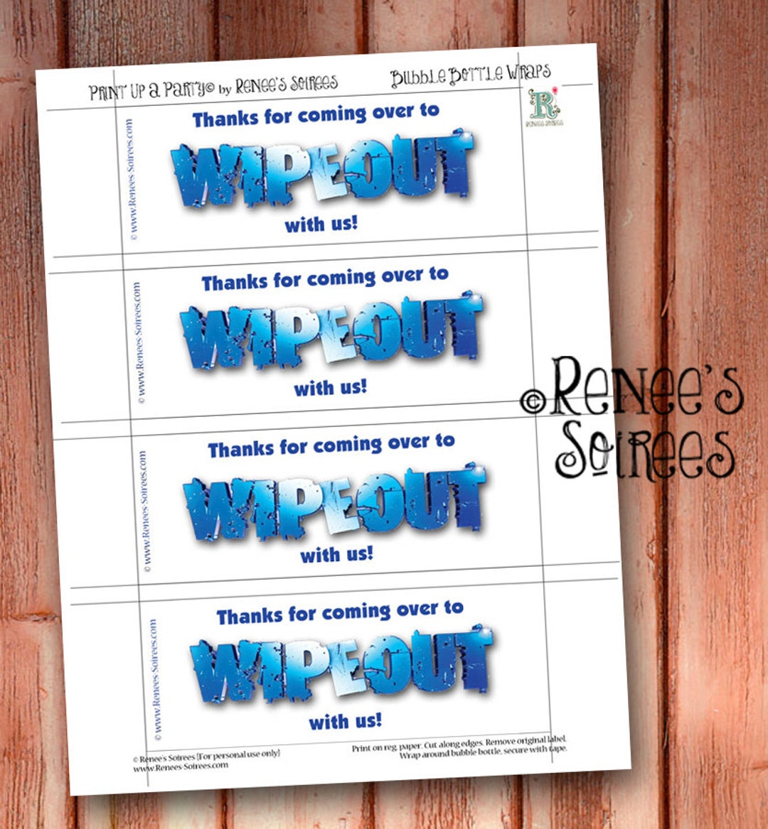 WIPEOUT BUBBLE Favors Wrappers for Bubbles Instant Download Printable DIY Party Goody Digital ...