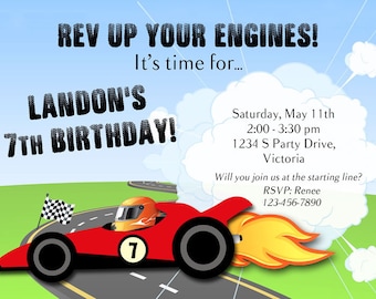 May include: A red race car with a checkered flag, a number 7, and flames coming out of the back. The car is on a race track with green grass and a blue sky. The text on the invitation reads "Rev Up Your Engines! It's time for... Landon's 7th Birthday! Saturday, May 11th 2:00 - 3:30 pm 1234 S Party Drive, Victoria Will you join us at the starting line? RSVP: Renee 123-456-7890"
