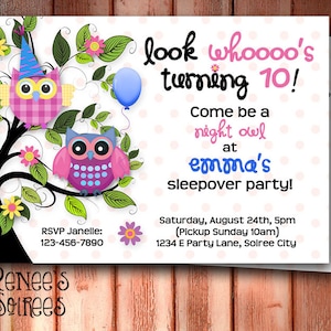 OWL INVITATION - for Birthday Party or Slumber Party or Baby Shower - Customized - DIY Party Printables