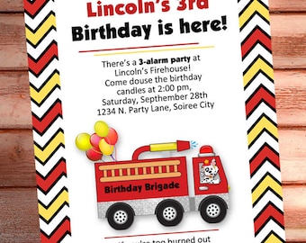 May include: A red and yellow chevron patterned invitation for a 3rd birthday party. The invitation features a cartoon fire truck with the words "Birthday Brigade" on the side. The text on the invitation reads "Sound the alarm & grab your gear! Lincoln's 3rd Birthday is here! There's a 3-alarm party at Lincoln's Firehouse! Come douse the birthday candles at 2:00 pm, Saturday, September 28th 1234 N. Party Lane, Soiree City. If you're too burned out to make it, contact Captain Merry Lynn 123-456-7890. Renee's Soirees"