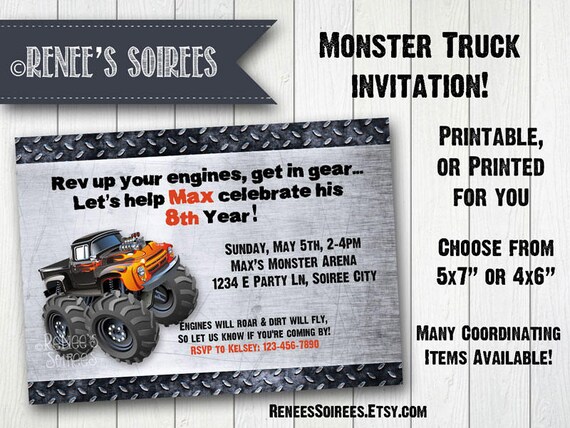 Monster Truck Birthday Invitation Printable Invite Etsy