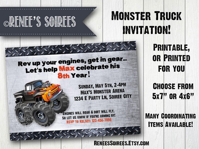 MONSTER TRUCK Birthday Invitation Printable Invite Customizable Boys or Girls diy image 1