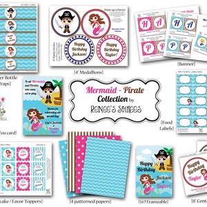 Co-ed MERMAID and PIRATE Birthday Party - CUSTOMIZED - Printable Coordinating Design Accessories Collection