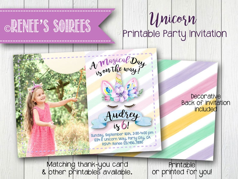 UNICORN Party Printable Birthday Invitation Photo Invite Customizable DIY party image 1