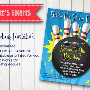 Pode incluir: Convite para uma festa de bowling com um design de pinos e bola de bowling azul, amarelo e branco. O texto diz "Strike Up Some Fun!" e "Roll on over for Kendall's 9th Birthday!" com detalhes para a festa em 9 de março das 14h00 às 16h00 no Twin Pins Bowling Alley.
