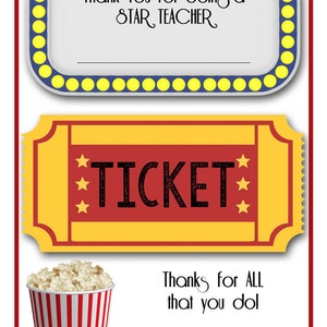 Könnte beinhalten: Eine druckbare Dankeskarte für einen Lehrer mit einem Kinokarten- und Popcorn-Design. Die Karte sagt "Vielen Dank, dass Sie ein STAR-LEHRER sind" und "Danke für ALLES, was Sie tun!"