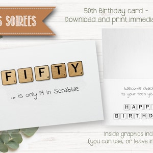 Carte de voeux amusante imprimable des années 50 - pour les joueurs de Scrabble, papa, maman, ami, collègue - téléchargement immédiat - cinquante cartes d'anniversaire humoristiques, années 50