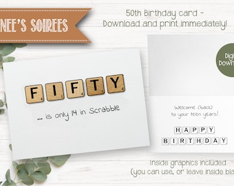 Funny Printable 50th GREETING CARD - for Scrabble players, dad, mom, friend, coworker - Instant Download - Fifty humorous birthday card, 50s