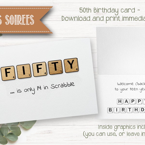 Lustig 50. Geburtstag GRUSSKARTE zum Ausdrucken - für Scrabble Spieler, Papa, Mama, Freund, Mitarbeiter - Instant Download - Fünfzig humorvolle Geburtstagskarte, 50er Jahre