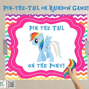 May include: A pink and white game board with a rainbow-colored pony and the text "Pin the Tail on the Pony!" printed on it. The game is designed for children's parties.