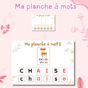 May include: An educational game board in pink and white, with the text "Ma planche à mots". It features a chair illustration, the word "CHAISE", and letter tiles. A smaller version of the board is shown above.