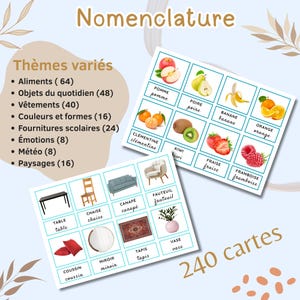 Può includere: Flashcard educative con il titolo "Nomenclature" e il testo "240 carte". Le carte presentano immagini di frutta, mobili e oggetti di uso quotidiano. Le carte sono organizzate per tema, tra cui cibo, abbigliamento e colori.