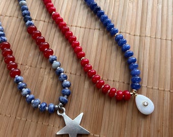 Red White and Blue Gemstone Pendant Necklace | USA 250th Anniversary Patriotic Necklace | Gold and Silver Options | July 4th Jewelry