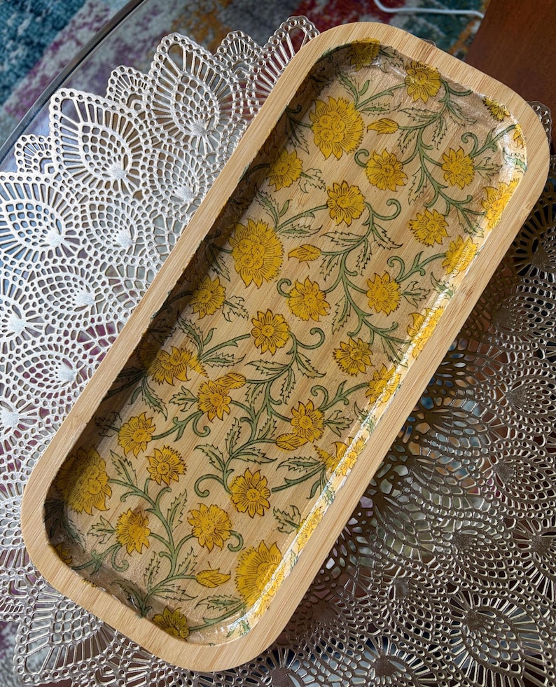 Decorative Bamboo Rectangular Trays for Entertaining, Home Decor, Bar Carts, Plants, Trinket Trays, Organization, Plants Daffodils