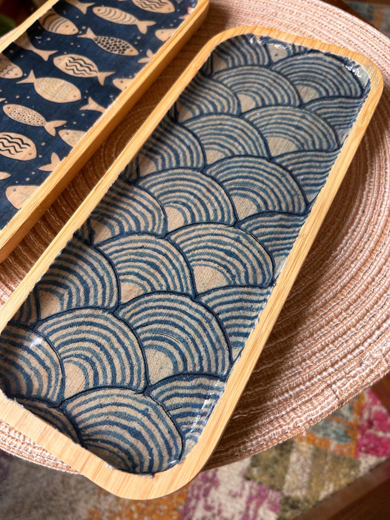 Decorative Bamboo Rectangular Trays for Entertaining, Home Decor, Bar Carts, Plants, Trinket Trays, Organization, Plants Waves