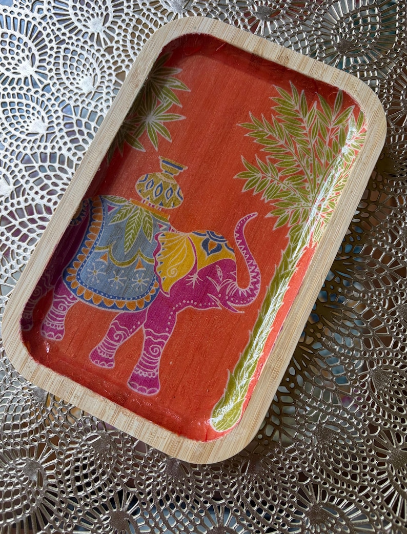 Decorative Bamboo Rectangular Trays for Entertaining, Home Decor, Bar Carts, Plants, Trinket Trays, Organization, Plants Orange Elephant
