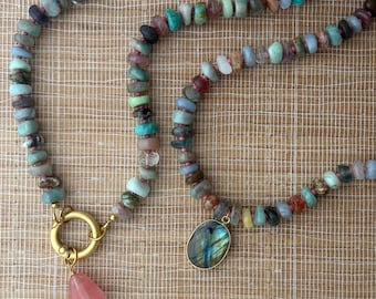 Mixed Quartz Gemstone Necklace | Custiomizable | Carabiner | Cherry Quartz Teardrop or Blue Flash Labradorite Charm |