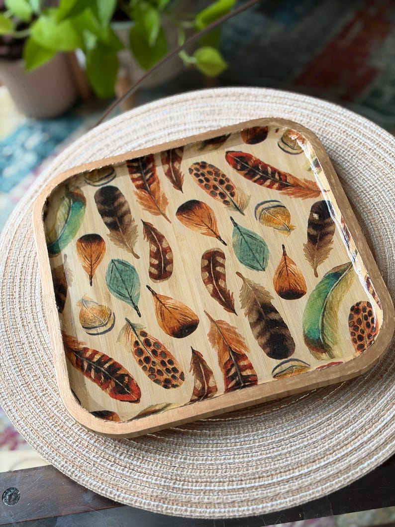 Decorative Bamboo Rectangular Trays for Entertaining, Home Decor, Bar Carts, Plants, Trinket Trays, Organization, Plants Rustic Feathers