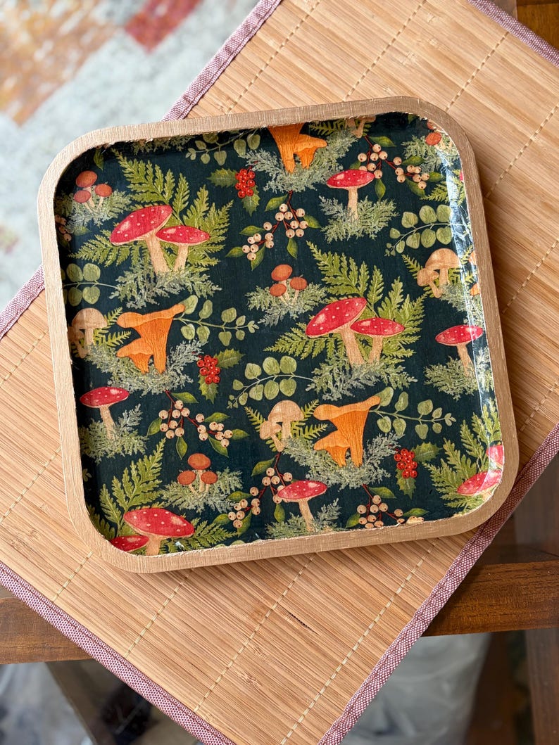 Decorative Bamboo Rectangular Trays for Entertaining, Home Decor, Bar Carts, Plants, Trinket Trays, Organization, Plants Blue Fungi