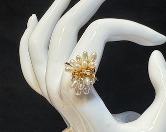 Vintage 14K Gold Freshwater Pearl and Diamond Cluster Ring