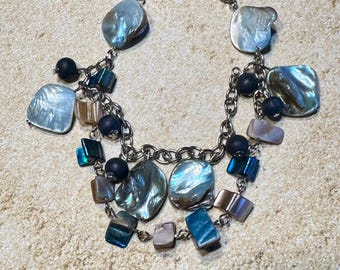 Ocean Blue Shell and Wood Bead Charm Style Bracelet