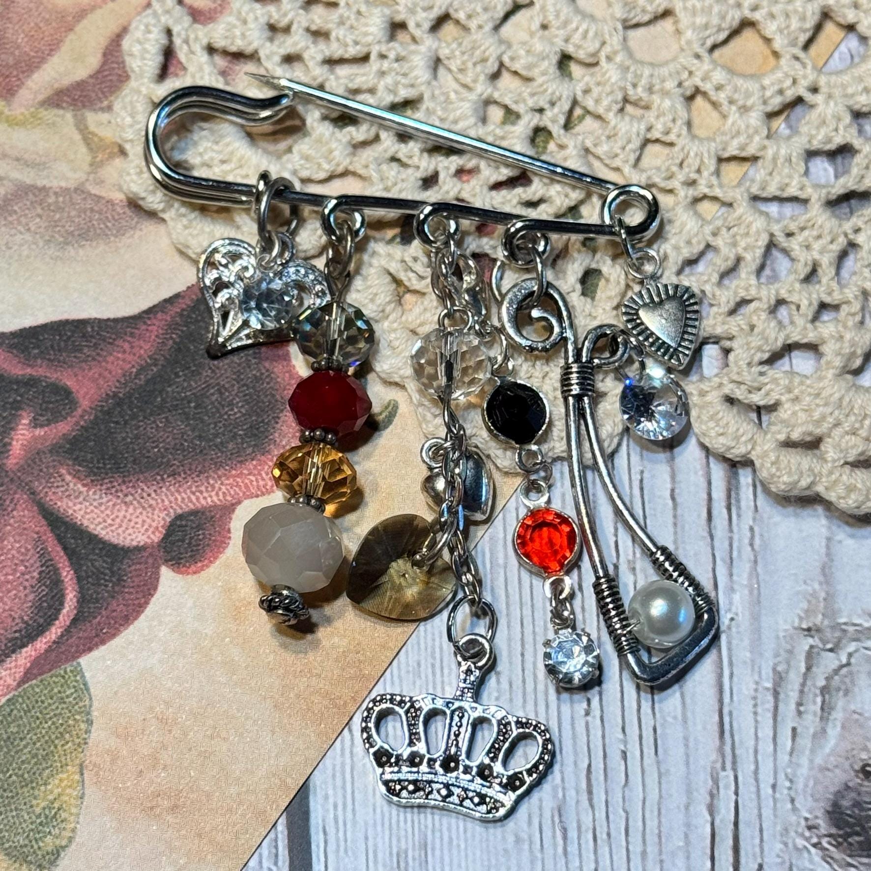 Dangle Brooch in Silver with Vintage Crystals, Faux Pearl and Charms, Upcycled Safety Pin