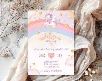 Unicorn Birthday Invitation, Rainbow, Stars, Editable Template (Printable)