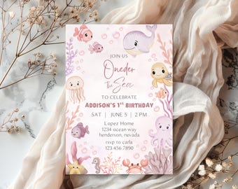 Oneder the Sea Birthday Invitation, Girl's 1st Birthday, Ocean Animals (Editable Template)