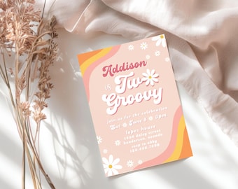 Two Groovy Birthday Invitation, Retro Theme Invite, Editable Template, Printable Invitation