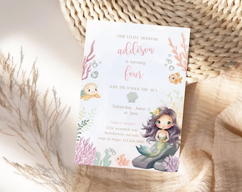 Little Mermaid Birthday Invitation, Ocean Theme, Editable Template (Printable)